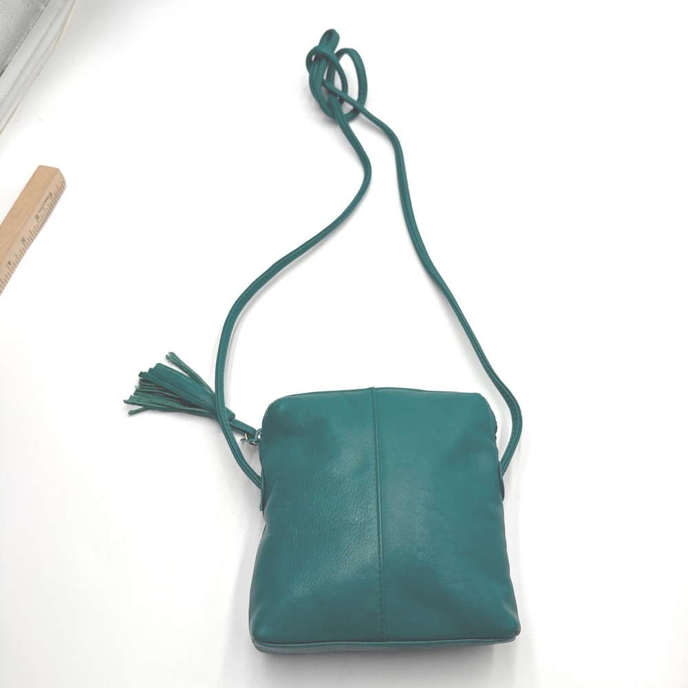 Anne Klein II Vintage Teal Green Leather Tassel Crossbody Bag Small Square 90s